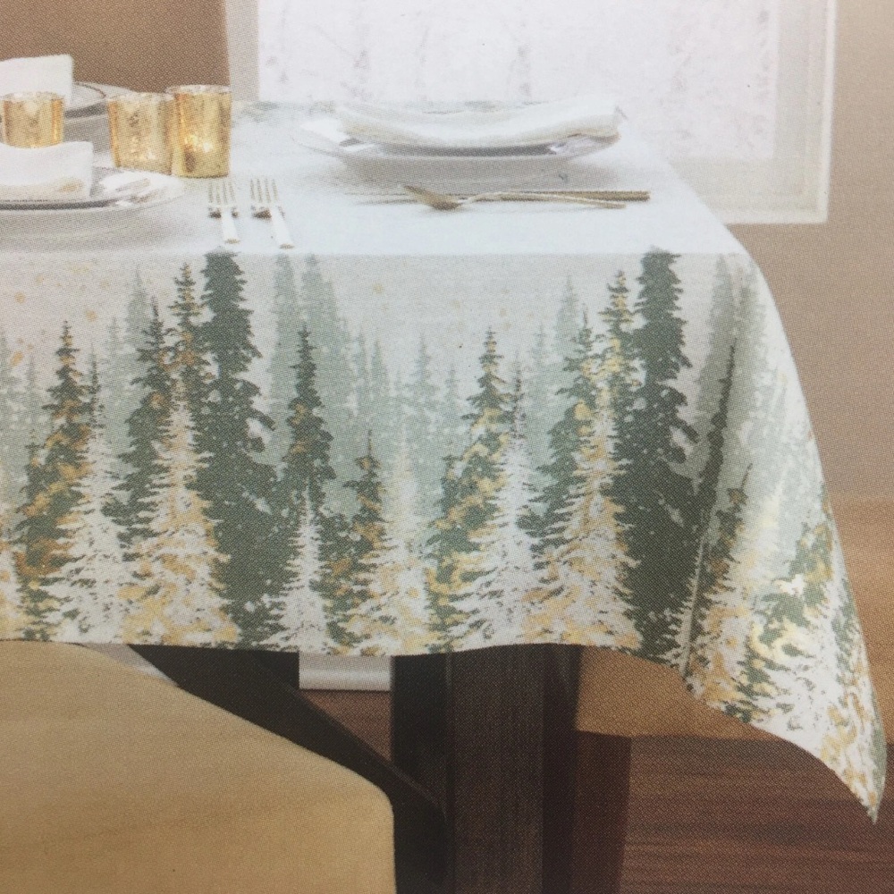Nicole Miller Evergreen Forest Tablecloth - Green, White, and Gold